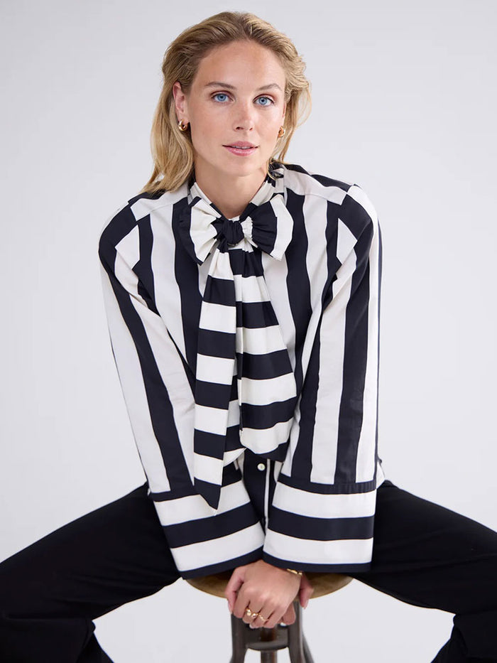 Summum Stripe Printed Blouse with Bow Black & Ivory