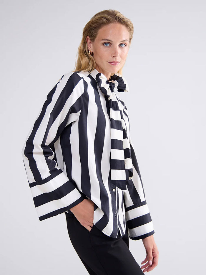Summum Stripe Printed Blouse with Bow Black & Ivory