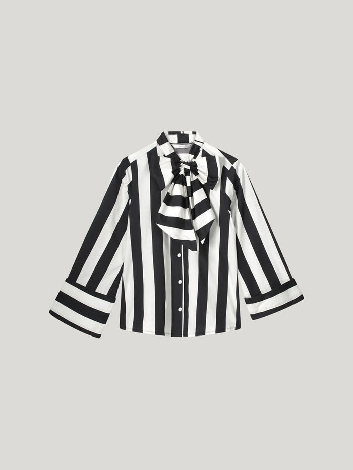 Summum Stripe Printed Blouse with Bow Black & Ivory