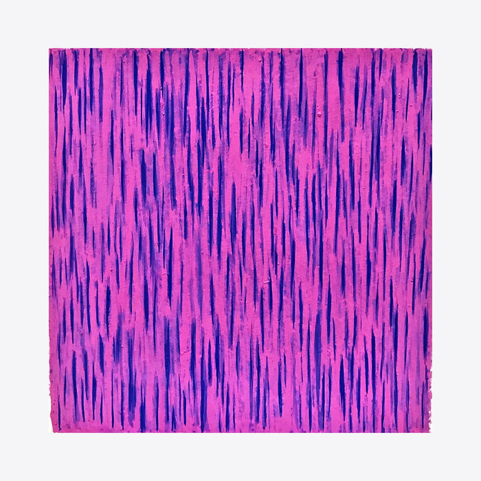 The artwork 'Sweet Daze' by Joe Piscopia features vertical streaming lines in vibrant magenta and deep indigo, creating a rhythmic pattern reminiscent of falling rain. The gouache painting on watercolor paper showcases a mesmerizing abstract design with alternating color intensities and organic brushstrokes that evoke a sense of movement and flow.