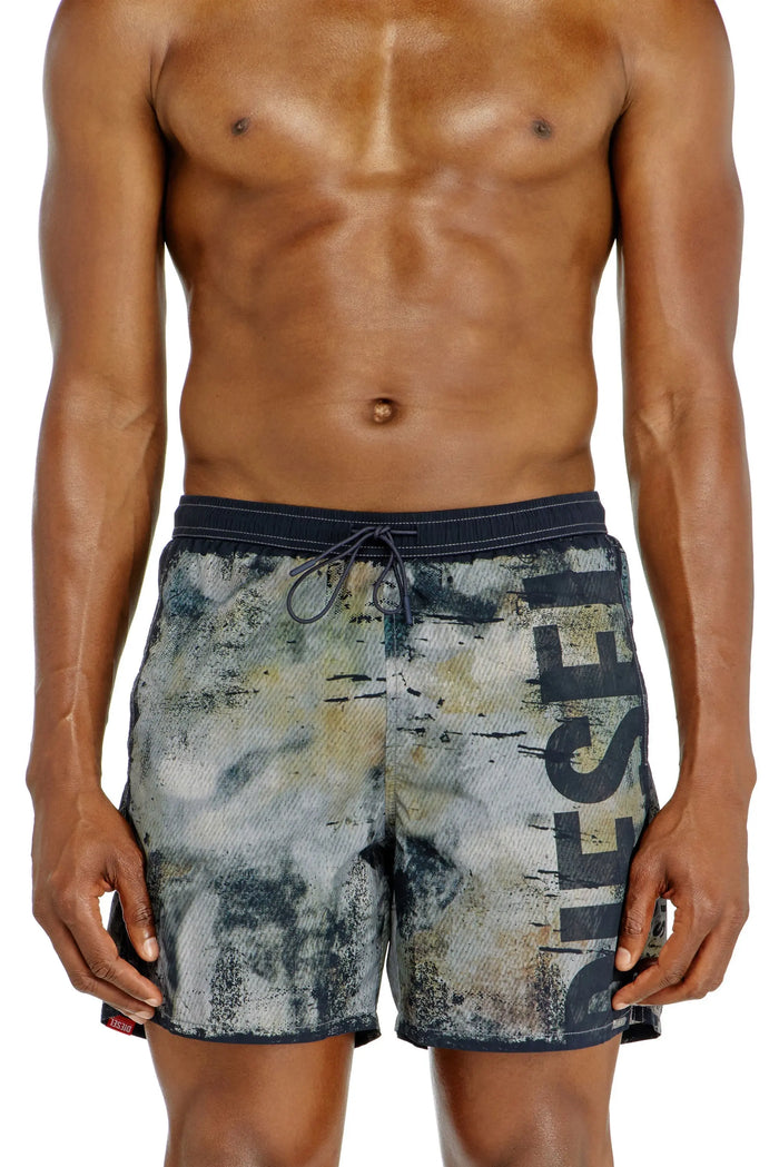Swim shorts with distressed print and maxi logo