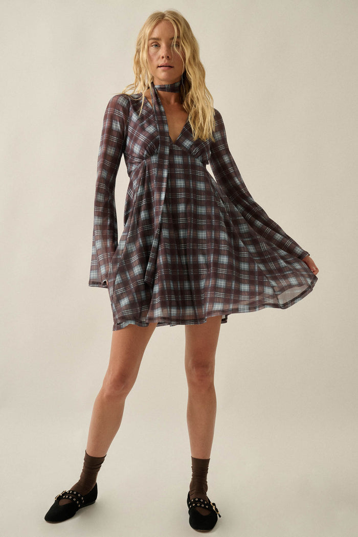 Tartan Time Plaid Mesh Bell-Sleeve Scarf Mini Dress - ShopPromesa