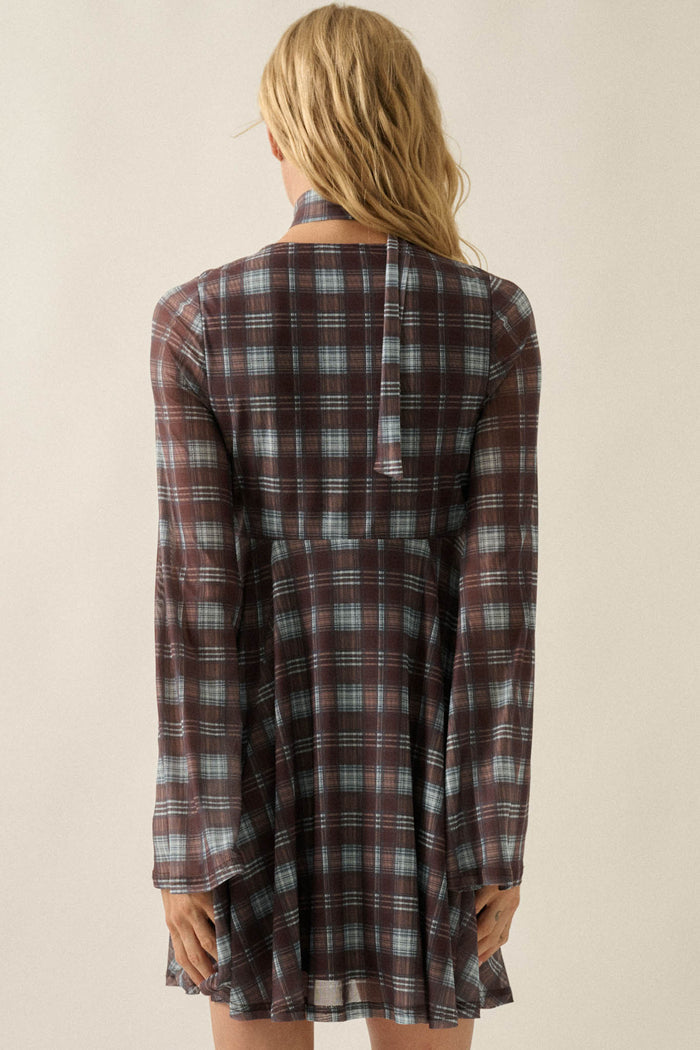Tartan Time Plaid Mesh Bell-Sleeve Scarf Mini Dress - ShopPromesa