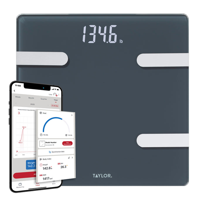 Taylor Smart Body Composition Scale in charcoal with a smartphone displaying the Precision Hub app