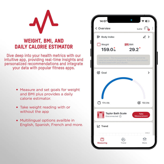 Red heartbeat logo beside a smartphone displaying the weight tracking app with weight BMI and daily calorie estimator.