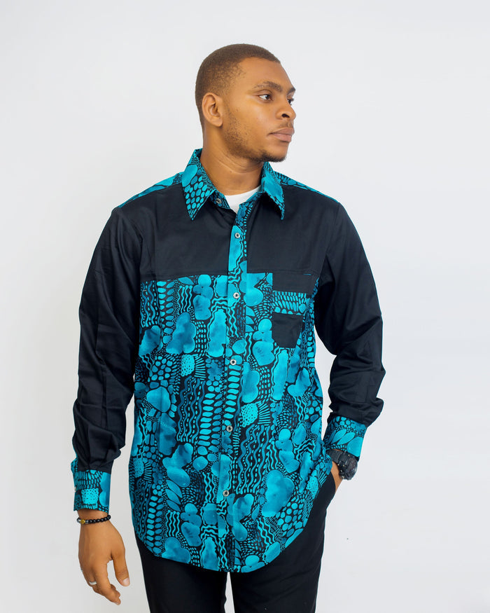 Tayo Men’s African Print Shirt – Teal Noir