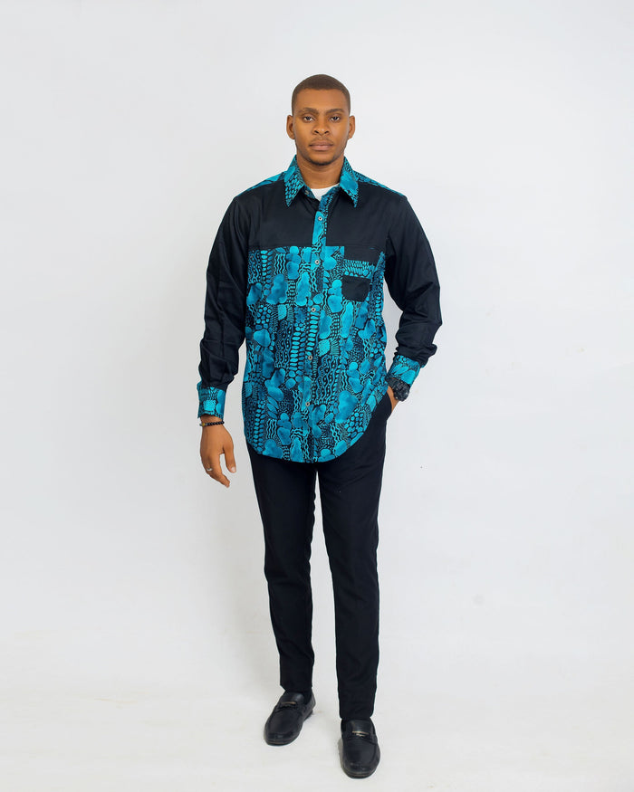 Tayo Men’s African Print Shirt – Teal Noir