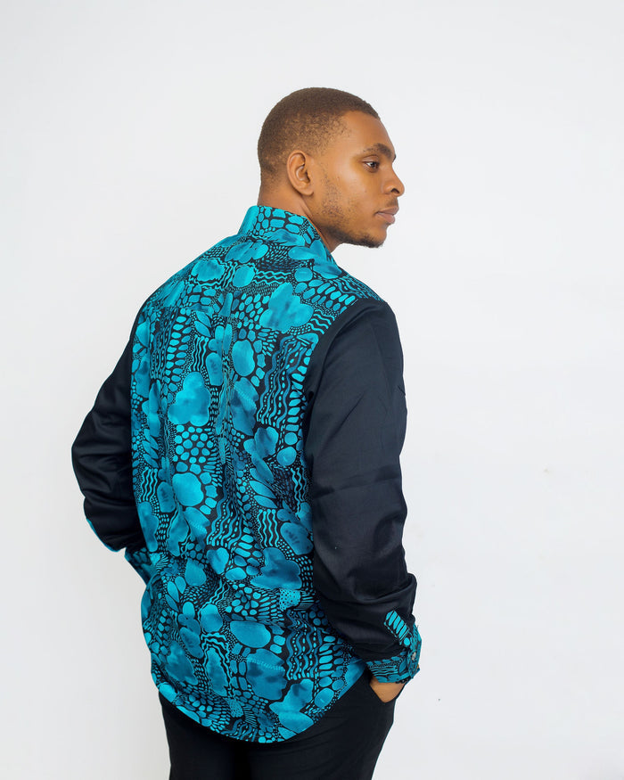 Tayo Men’s African Print Shirt – Teal Noir