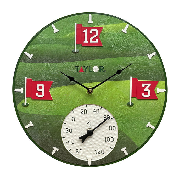 Close up of Tee Time Poly Resin Clock and Thermometer face with green finish and thermometer dial