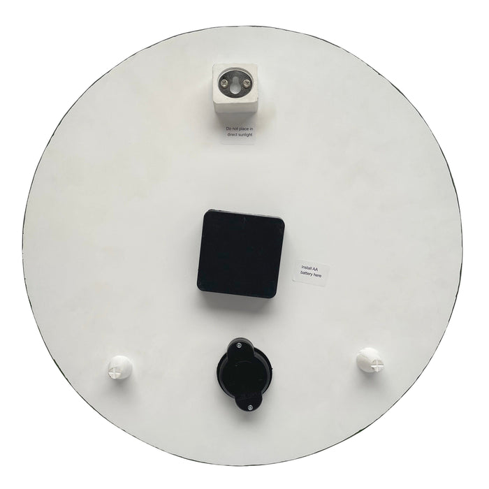 Back view of Tee Time Poly Resin Clock and Thermometer showing mounting block and Do not place in direct sunlight label