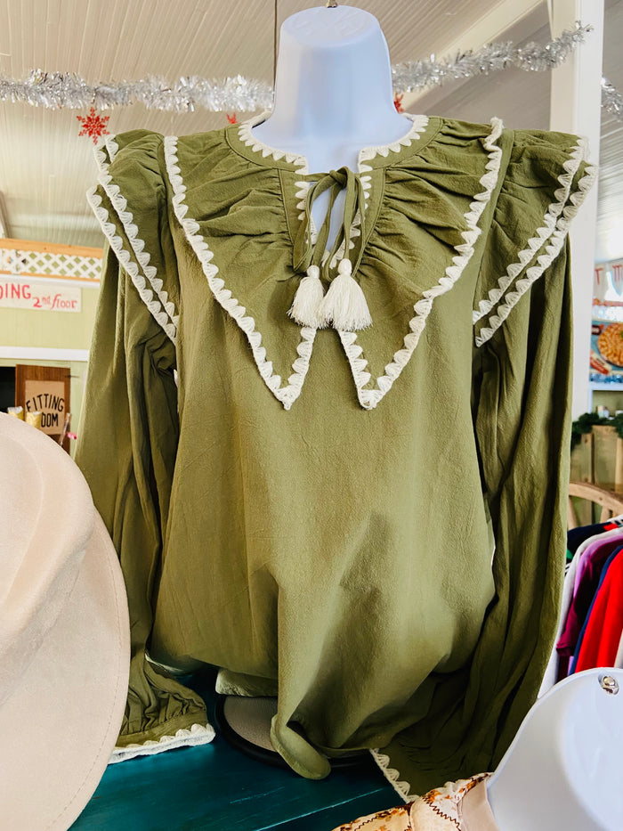The Pricilla Ruffled Green Shirt - Deer Creek Mercantile