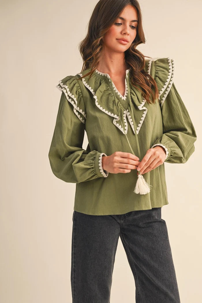 The Pricilla Ruffled Green Shirt - Deer Creek Mercantile
