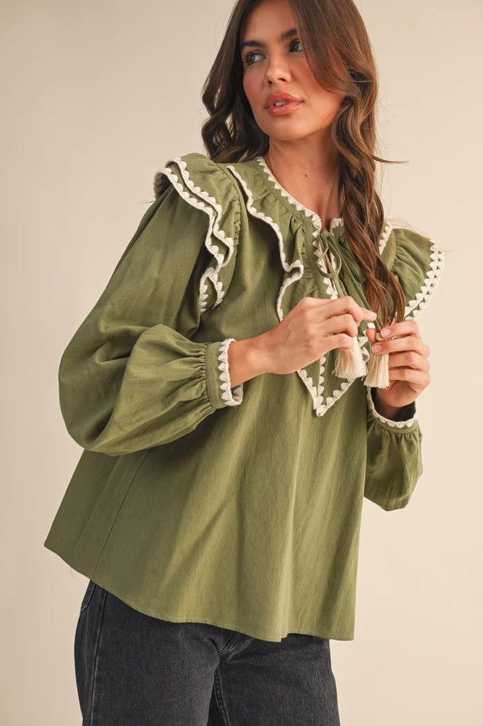 The Pricilla Ruffled Green Shirt - Deer Creek Mercantile