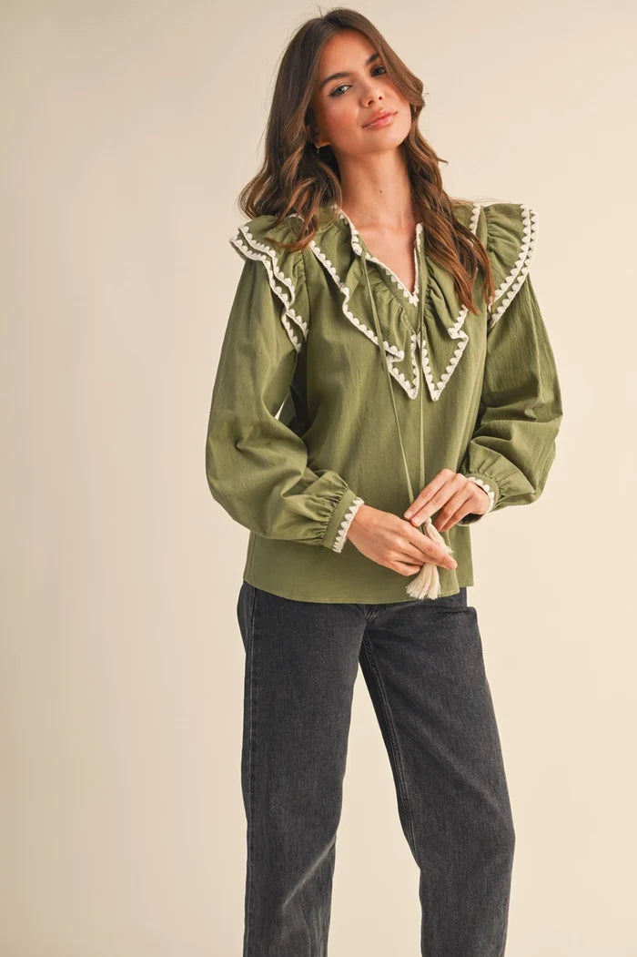 The Pricilla Ruffled Green Shirt - Deer Creek Mercantile
