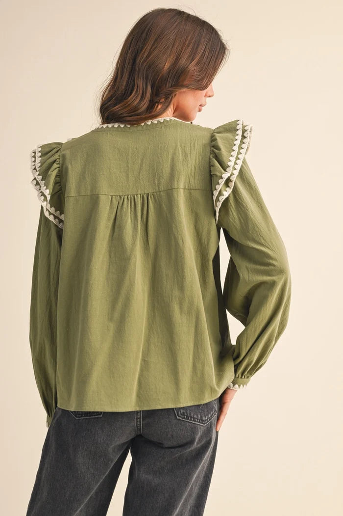 The Pricilla Ruffled Green Shirt - Deer Creek Mercantile