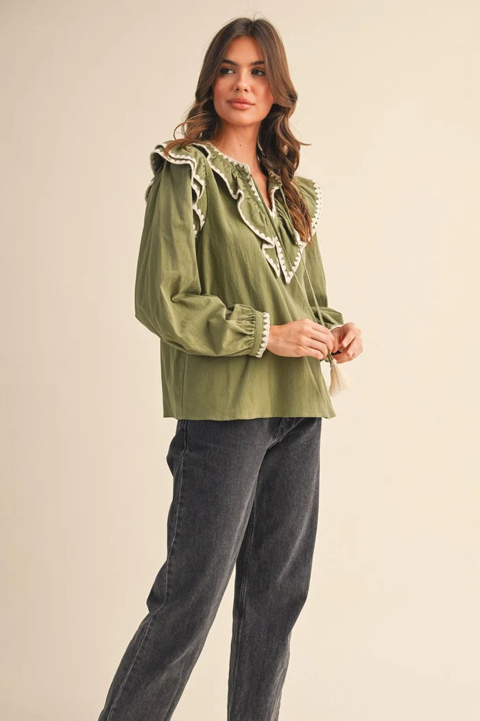 The Pricilla Ruffled Green Shirt - Deer Creek Mercantile