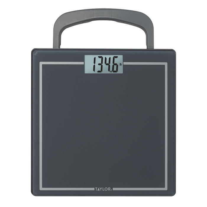 The Ultimate On-The-Go Portable Scale with curved handle and digital readout showing 134.6 lb