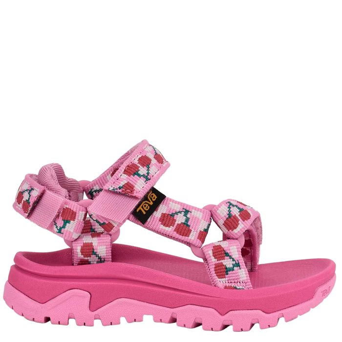 Pink sandal with cherry design on a white background