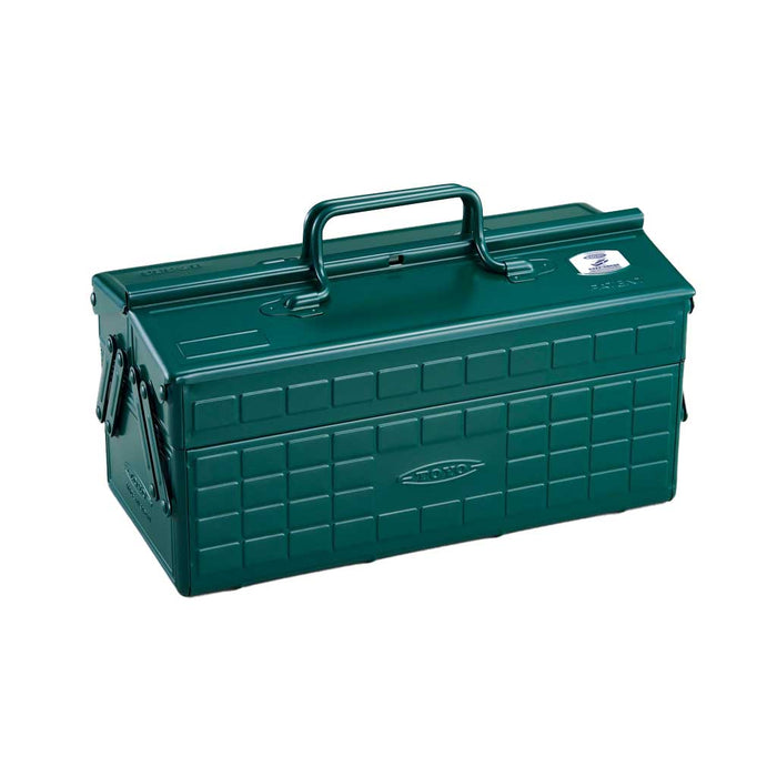 Antique green Toyo steel two level medium toolbox on white background