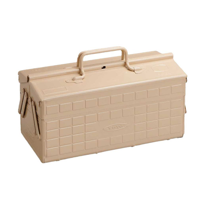 Beige Toyo steel two level medium toolbox on white background