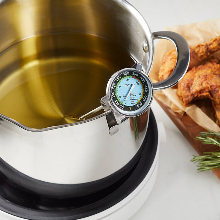 TruTemp Deep Fry Thermometer mounted to a metal pot with oil visible and the dial in view.