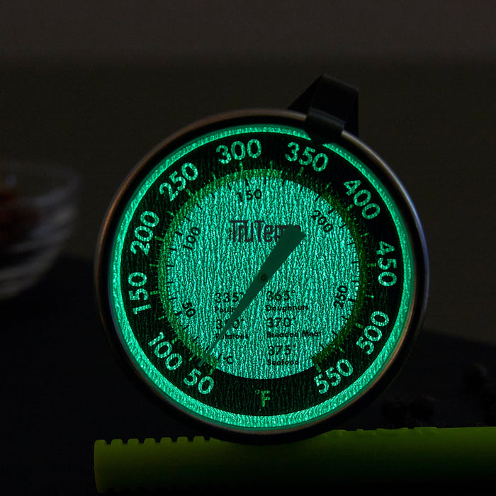 Close up of TruTemp Deep Fry Thermometer dial glowing green