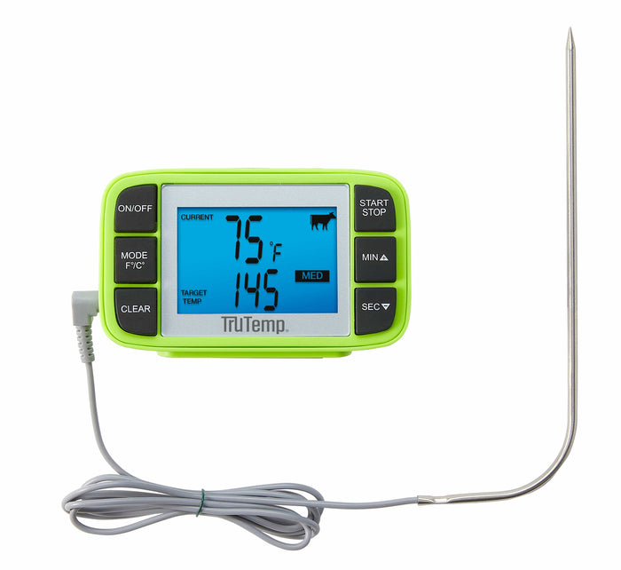 Green TruTemp wired programmable thermometer with presets and a long gray probe cord on a white kitchen surface