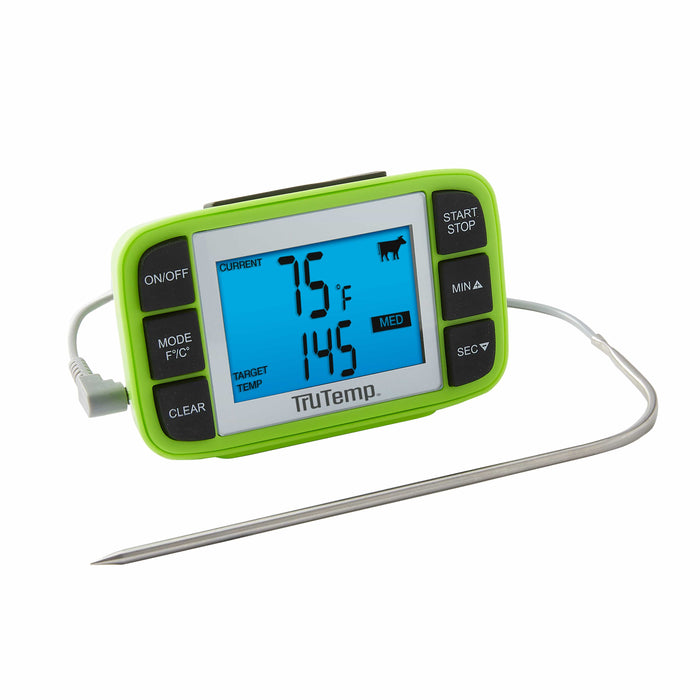 TruTemp wired probe programmable thermometer with presets in a lime green handheld unit and attached probe