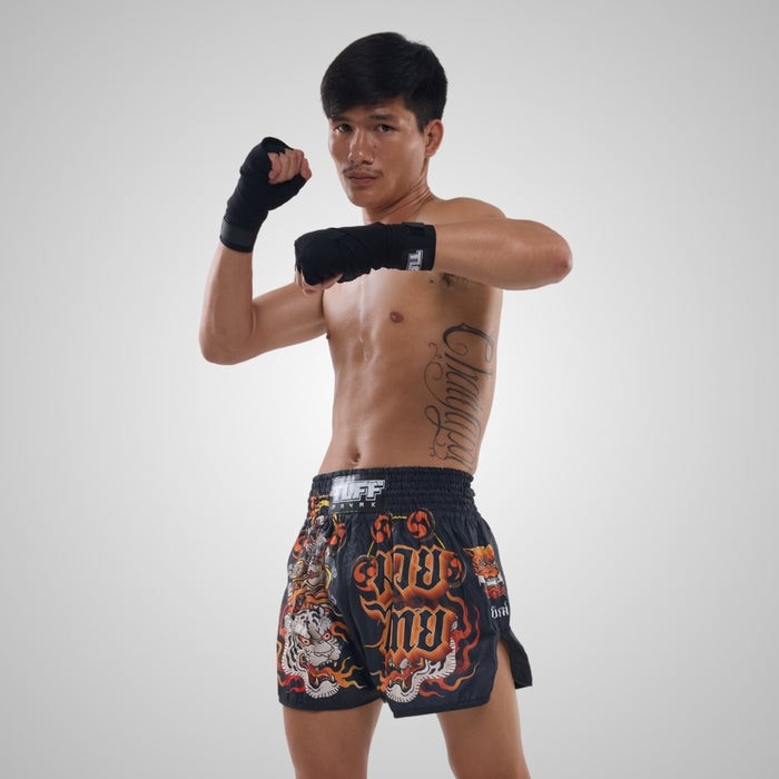 TUFFPAYAK Muay Thai Shorts Boxing Trunks Retro Style (TPY-RMS001-BLK)