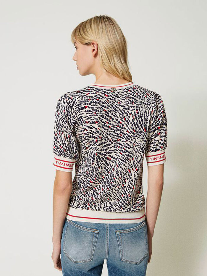 Twinset Printed Knitted Top with Jacquard Logo Cream