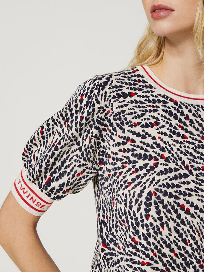 Twinset Printed Knitted Top with Jacquard Logo Cream