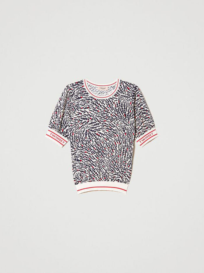 Twinset Printed Knitted Top with Jacquard Logo Cream