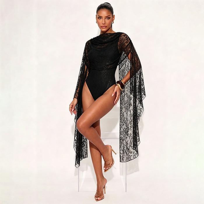 Vadar Lace Sleeve Bodysuit - Black