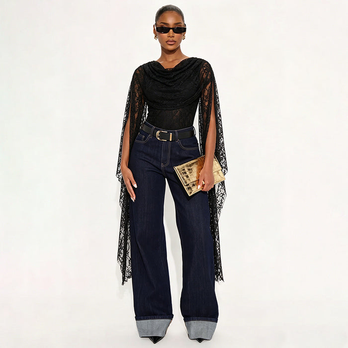 Vadar Lace Sleeve Bodysuit - Black