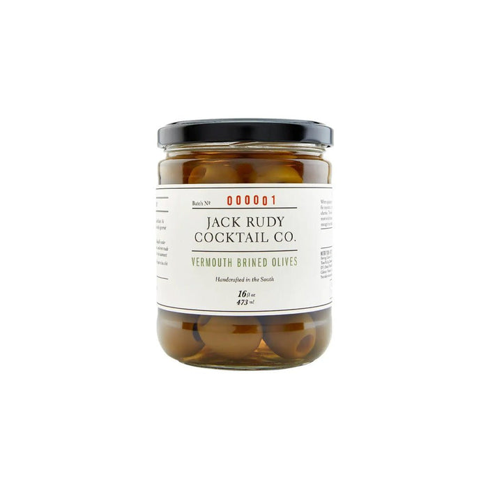 Jar of Jack Rudy Cocktail Co. vermouth brined olives on a white background