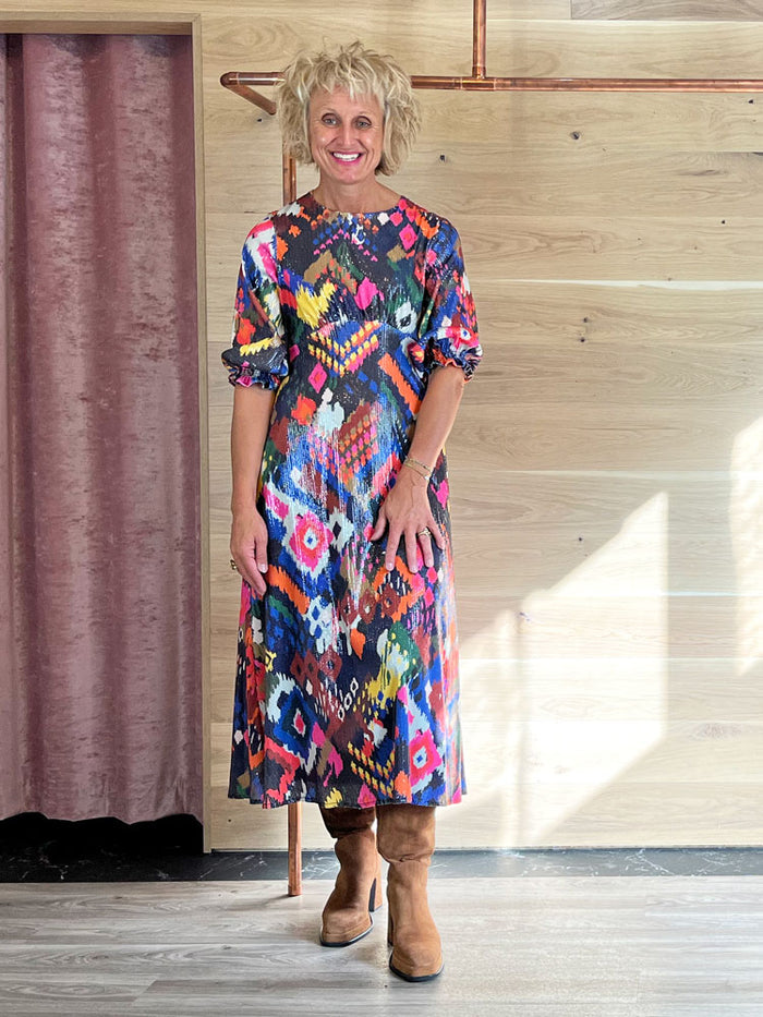 Vilagallo Kara Dress Ikat Sequins Print