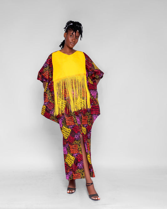 Viom Women's African Boubou Dress with Aso-oke, (Fall Colors Ankara)