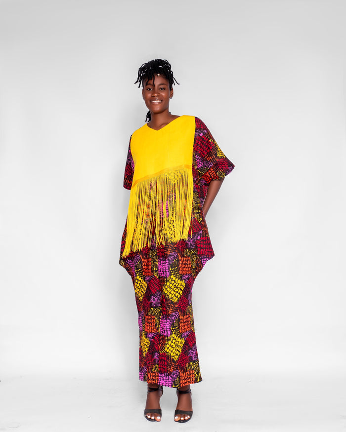 Viom Women's African Boubou Dress with Aso-oke, (Fall Colors Ankara)