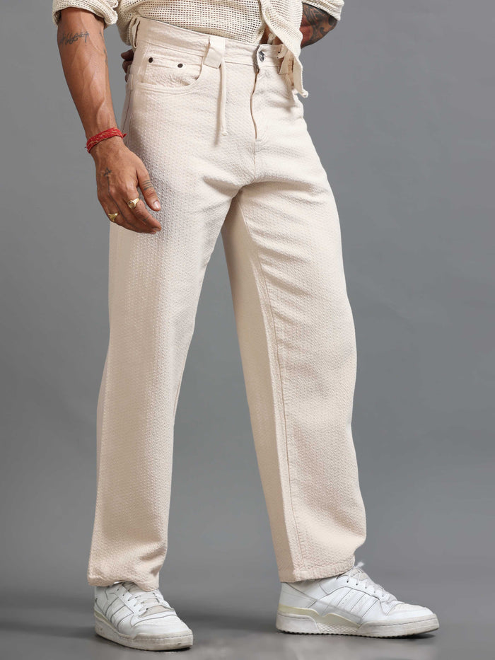 Cream Relaxed Fit Trousers for Men front view - Weavon Relaxed Trouser by Italian Colony