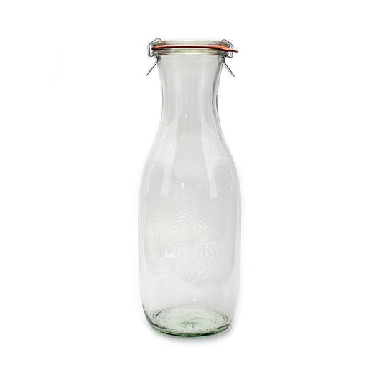 Glass Weck Juice Jar carafe with glass lid and clamps on white background