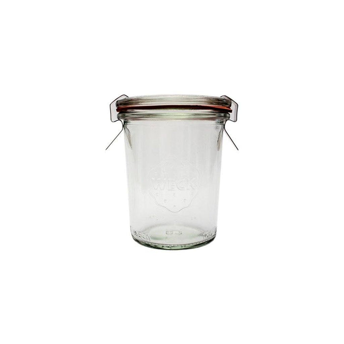 Clear glass 760 Weck Mold Jar with lid and clamps on white background