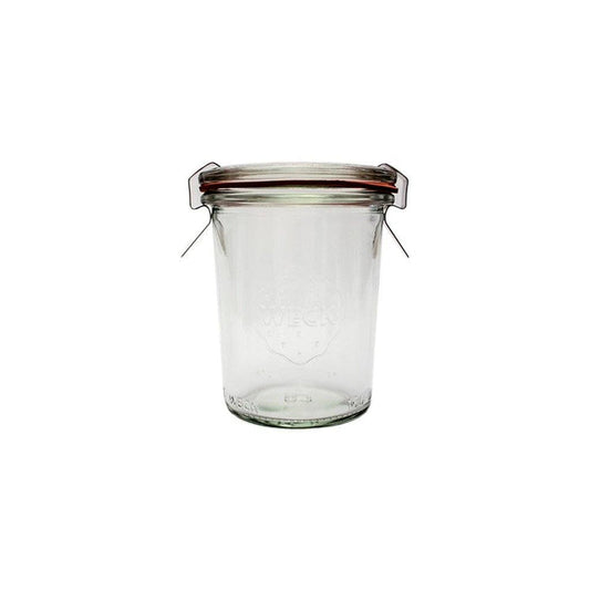 Clear glass 760 Weck Mold Jar with lid and clamps on white background