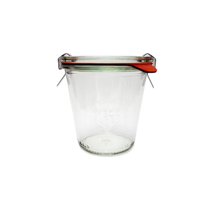 Clear glass 900 Weck Mold Jar with lid and clamps on white background