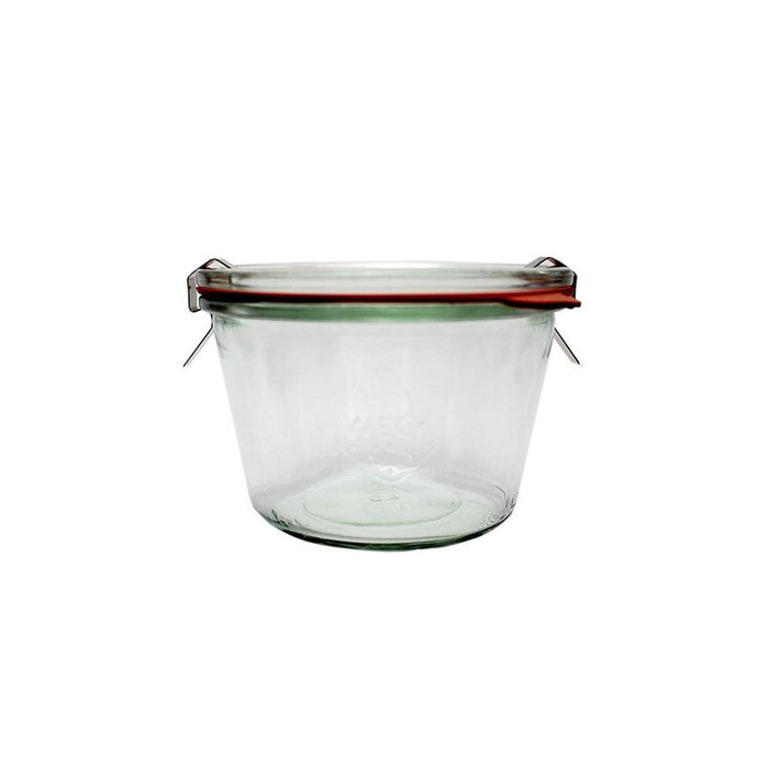 Clear glass 741 Weck Mold Jar with lid and clamps on white background