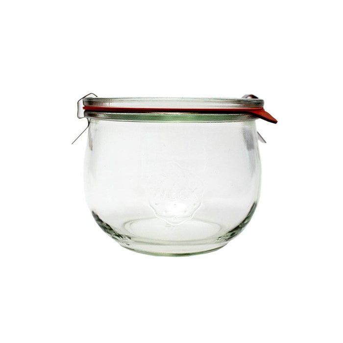 Clear glass 744 Weck Jar with lid and clamps on white background