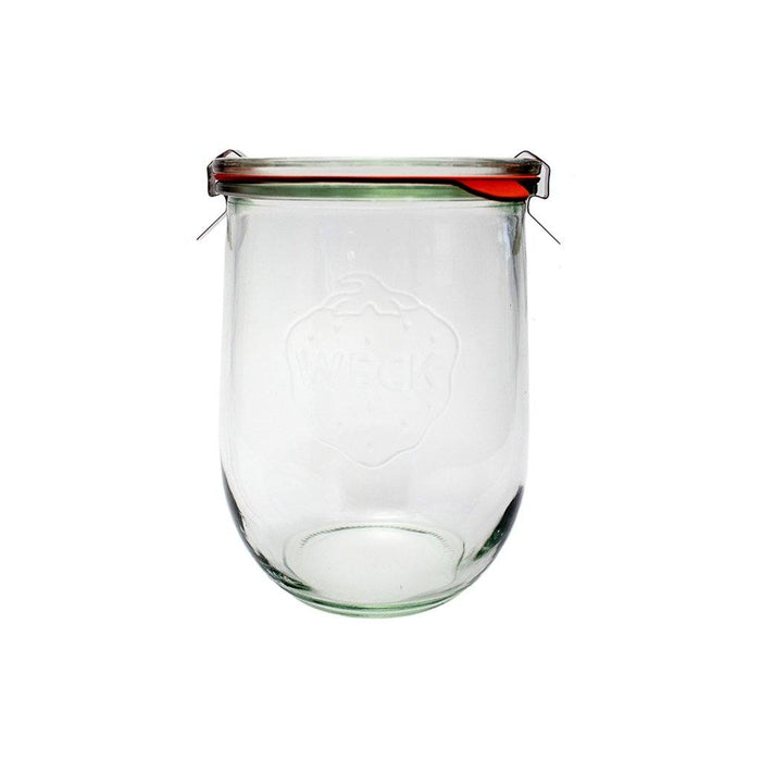 Clear glass 745 Weck Jar with lid and clamps on white background