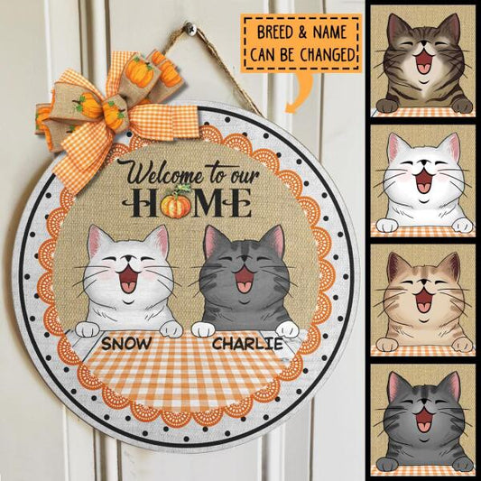 Welcome To Our Home - Orange Checkered Tablecloth - Personalized Cat Door Sign