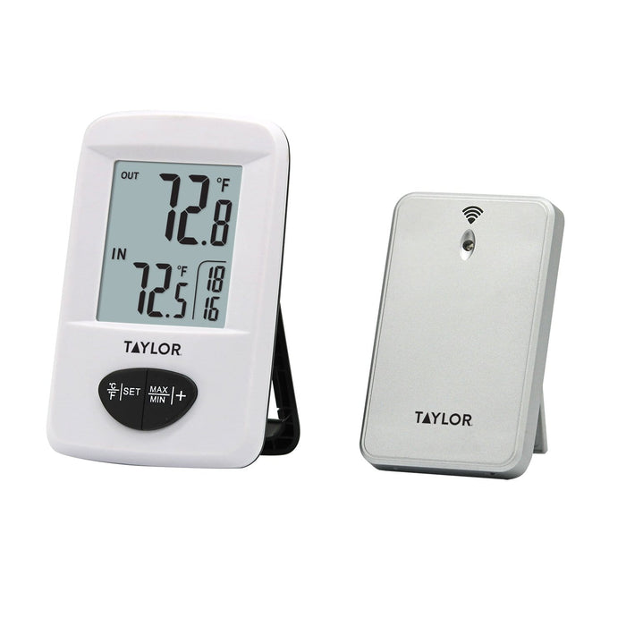 Taylor wireless weather station with clock in white and foldable stand.