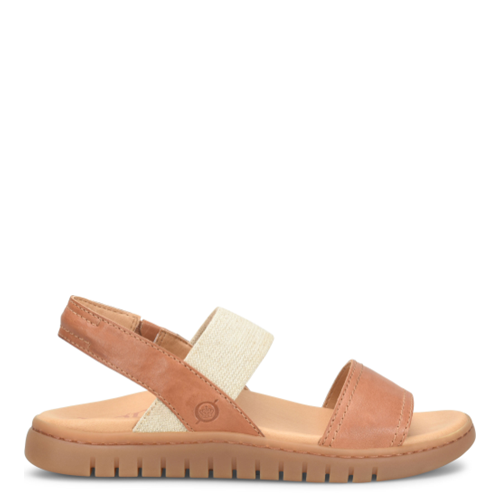 Tan sandal with a white strap on a white background