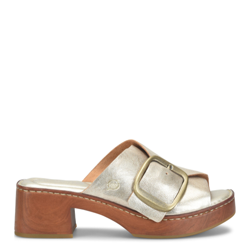 Metallic sandal with a gold buckle on a white background